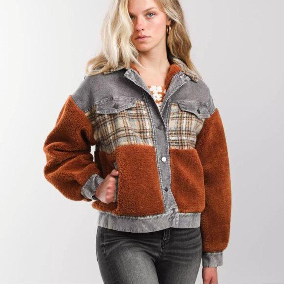 Oli & Hali Pieced Sherpa Corduroy Plaid Jacket Womens Large Button Down - Picture 1 of 12